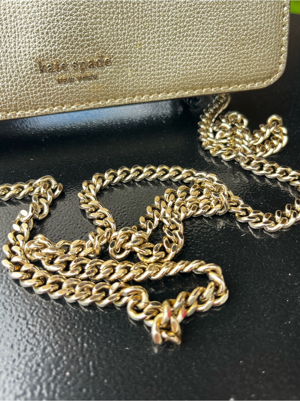 Kate Spade New York Metallic Gold Crossbody Wallet Purse Chain Strap Leather - Picture 3 of 11